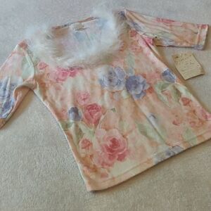 Vintage 90's 976 Clue Pink Floral Print Feather Boa Sweater NWT